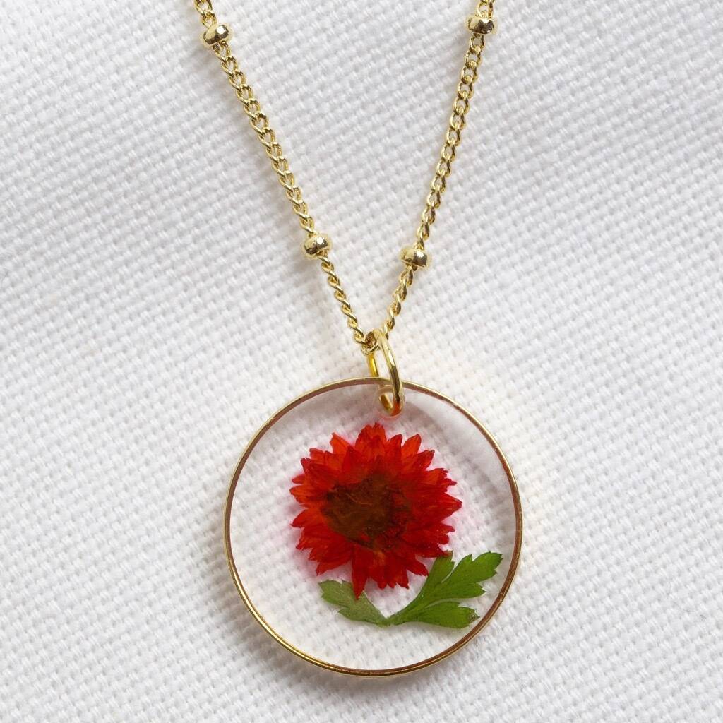 Pressed birth flower pendant necklace Clearance