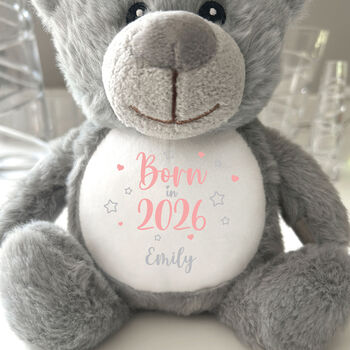 Personalised Born In 2026 Grey Teddy Bear – New Baby Arrival Gift, 5 of 8