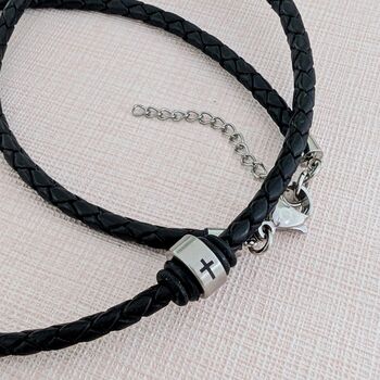 Mens Leather Necklace Engraved With A Christian Cross, 2 of 5