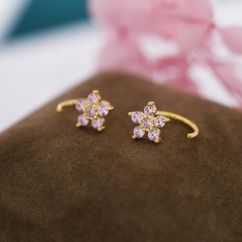 Light Pink Forget Me Not Flower Cz Hoop Earrings, 5 of 10