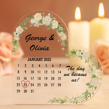 Personalised Wedding Calendar Acrylic Heart Plaque With Name, 3 of 12