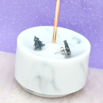 New Multi Coloured Glitter Laser Cut Christmas Tree Earrings Studs, 3 of 4