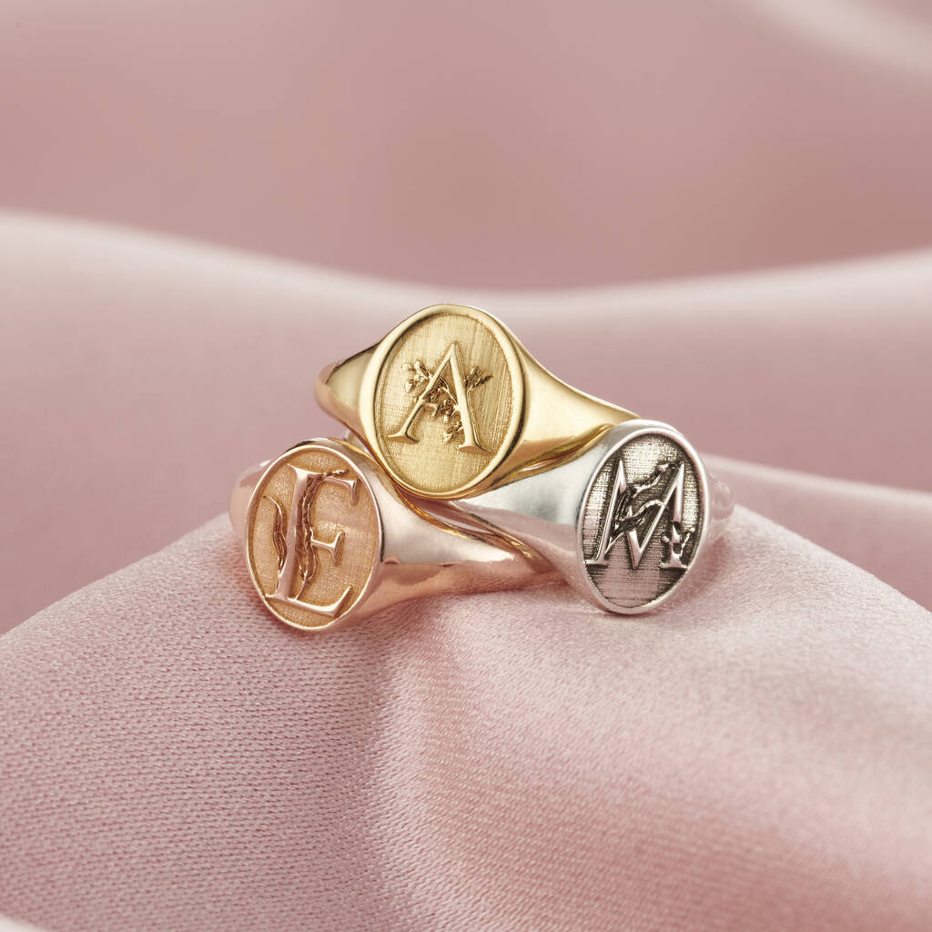 Floral Engraved Initial Signet Ring, 1 of 9
