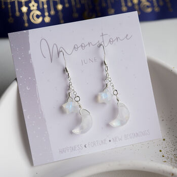 Rainbow Moonstone Moon And Star Earrings, 3 of 10