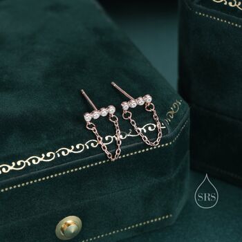 Cz Horizontal Bar Chained Stud Earrings Sterling Silver, 8 of 11