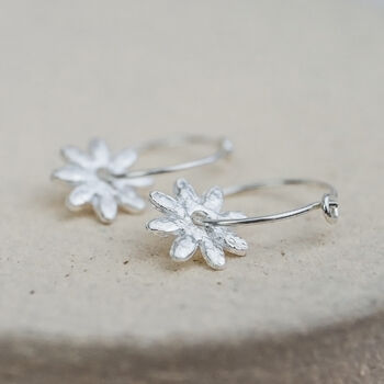 Sterling Silver Daisy Charm Hoops, 2 of 11
