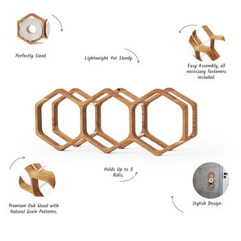 Handcrafted Oak Wood Honeycomb Toilet Paper Rack, 6 of 8
