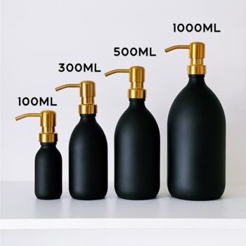 Matt Black Glass Bottle With Brass Gold Metal Pump, 3 of 8