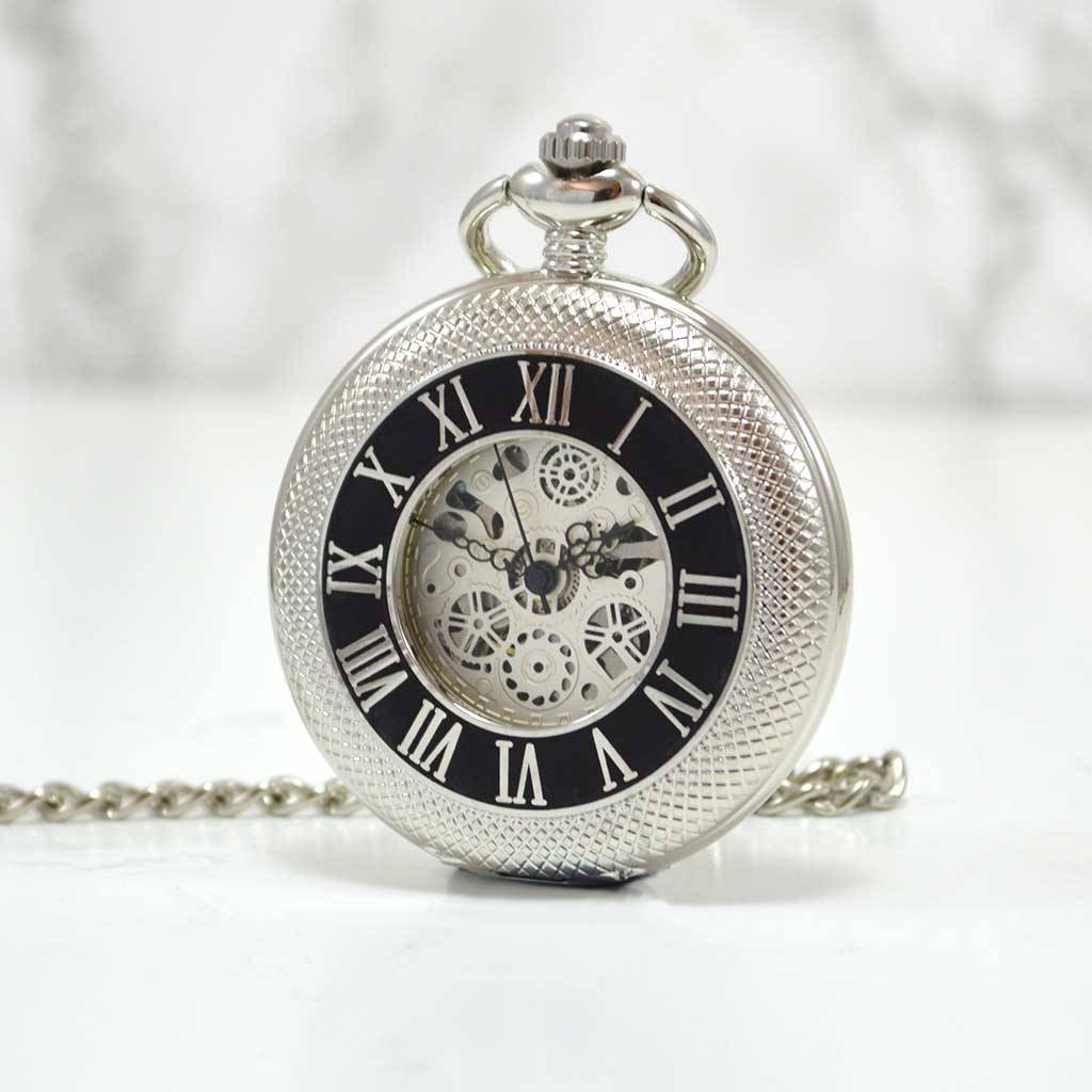 Personalised Pocket Watch Silver Black Numerals By