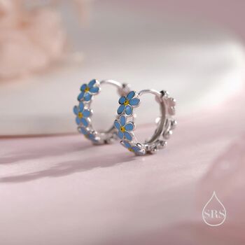 Sterling Silver Dainty Forget Me Not Flower Motif Huggie Hoop, 3 of 10