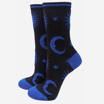 Women's Star Moon Glitter Bamboo Socks Blue, 2 of 3