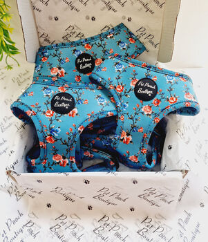 Rosie Rose Cornflower Blue Floral Dog Harness With Optional Set, 2 of 10