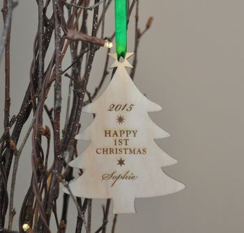 Personalised Wooden Baby's First Christmas Tree Bauble, 2 of 3