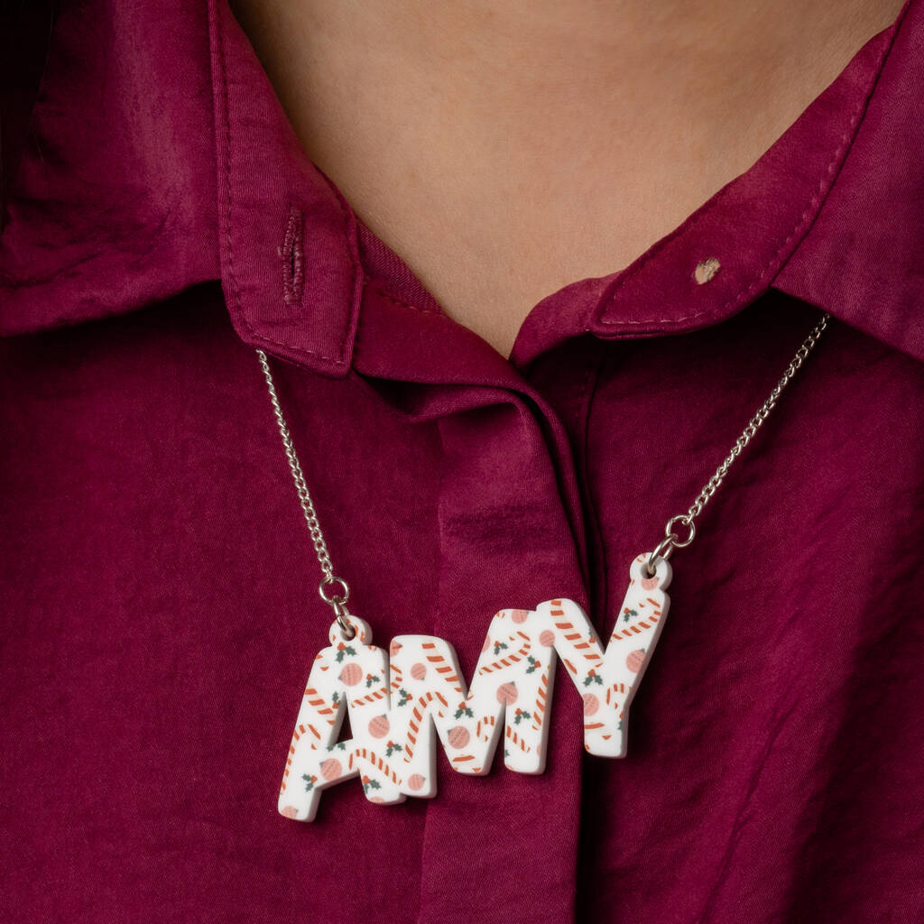 Personalised Festive Christmas Candy Cane Name Necklace, 1 of 4