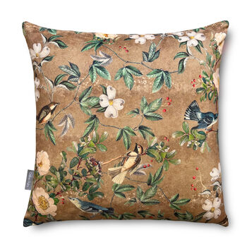 Luxury Super Soft Velvet Cushion Wild Rose Birds Gold Optional Piping, 2 of 8