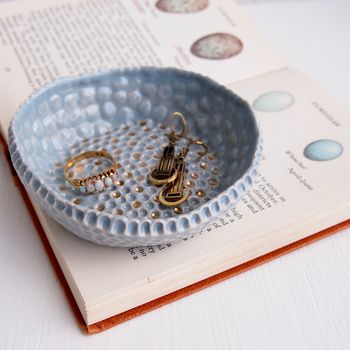 Handmade Ceramic Powder Blue Ring Dish With Gold Dots, 2 of 5