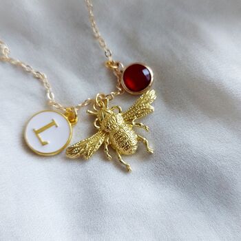 Personalised Gold Bee Initial And Birthstone Necklace, 6 of 7