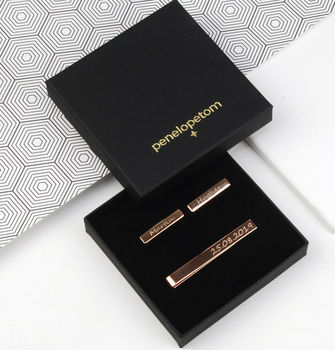 Personalised Rose Gold Tie Slide And Bar Cufflinks Set, 8 of 9