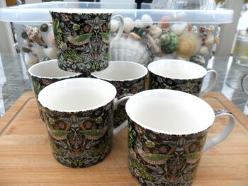 Set Of Six Palace Mugs In William Morris Black Strawberry Thief Design, 3 of 10