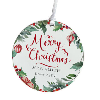 Personalised Merry Christmas Teacher Festive Wreath Ornament, 2 of 7