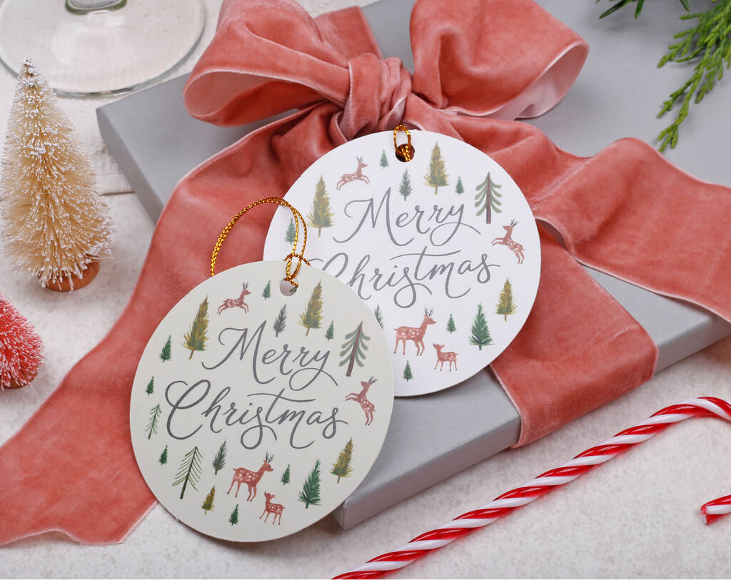 12 Christmas Gift Tags With Christmas Forest Reindeer Design And Gold Twine, 1 of 4