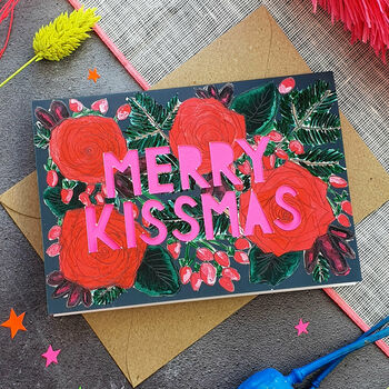 Merry Kissmas Neon Floral Papercut Christmas Card, 2 of 5
