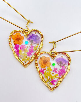 Real Pastel Colour Flowers Heart Drop Earrings Hand Made, 2 of 8