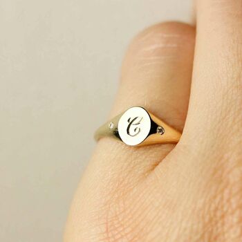 Mini Initial And Diamonds Signet Ring Gold/Silver, 6 of 12