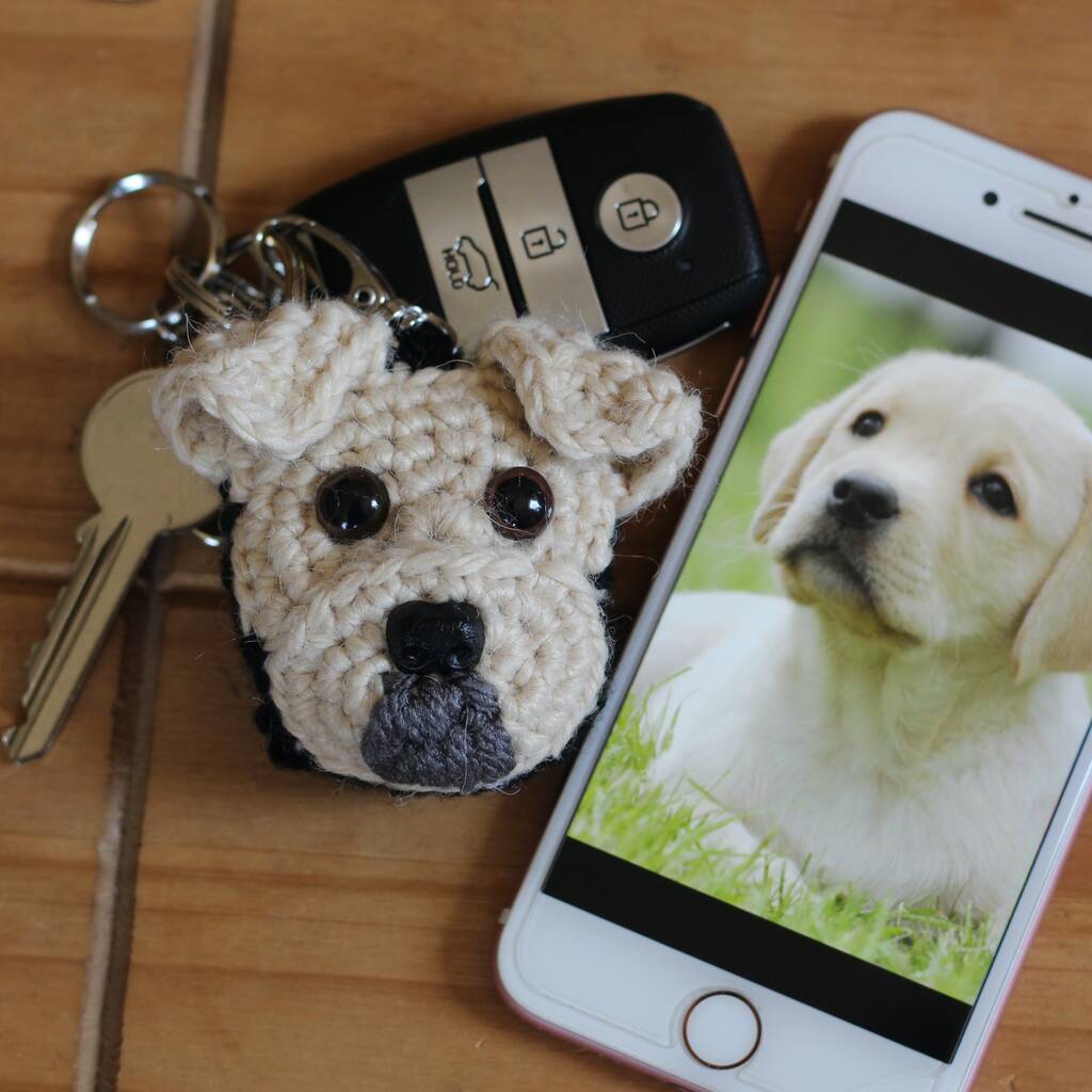 personalised crochet 2d dog face keyring letterbox gift by lovingly