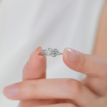 Sterling Silver Aqua Green Opal Olive Leaf Ring, 7 of 12