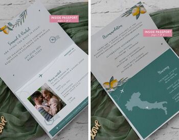 Lemon Floral Passport Invitation With Plane Charms For Destination Wedding, 3 of 9