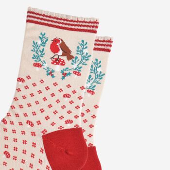 Women's Bamboo Socks Red Robin Christmas Wreath, 3 of 5