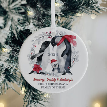 Personalised First Christmas As A Family Of Three Ceramic Penguin Decoration, 2 of 4