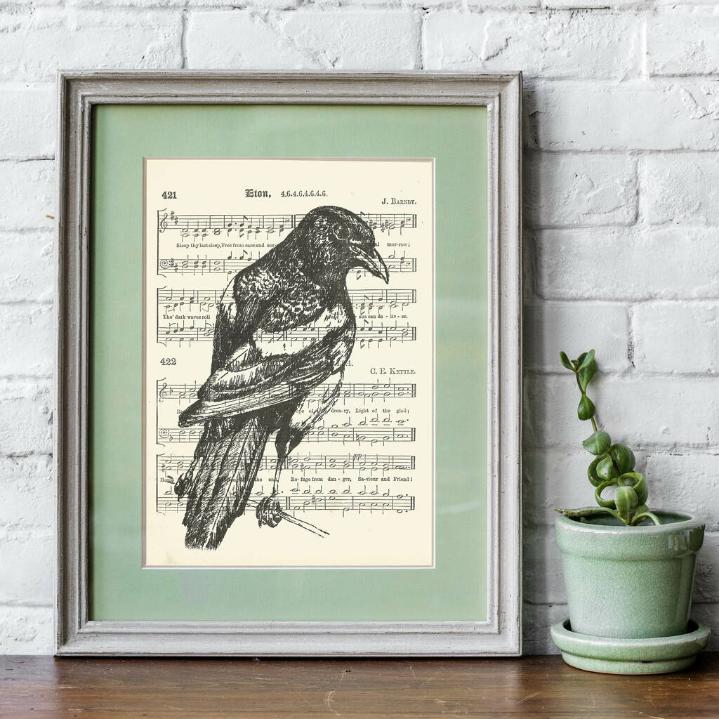 Magpie Screen Print On Vintage Sheet Music
