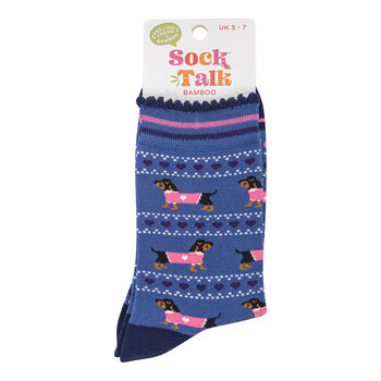 Sausage Dog Fair Isle Bamboo Ankle Socks Women's Blue Pink, 3 of 3