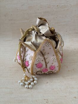 Pink Handcrafted Raw Silk Potli Bag/Wrist Bag, 5 of 8