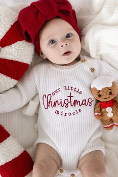 Our Little Christmas Miracle Embroidered New Baby Knitted Romper, 4 of 10