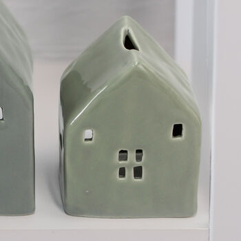 Glazed Ceramic Candle House In Sage Green Or Teal, 3 of 3