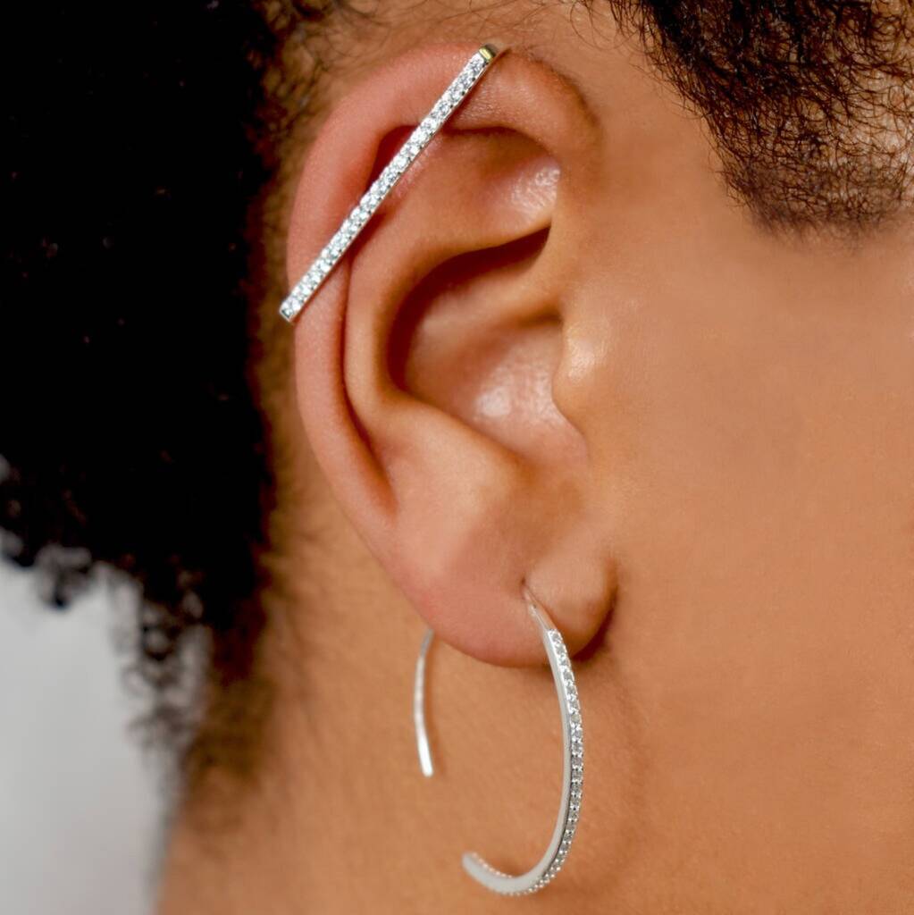 White Topaz Illusion Hoop Silver Ear Cuff Earrings By Embers