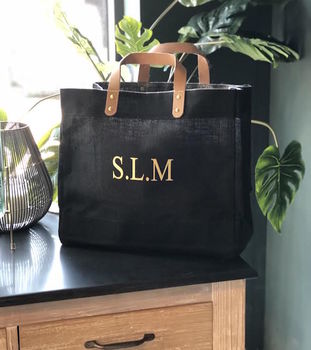 Personalised Black And Leather Jute Shopper, 2 of 3