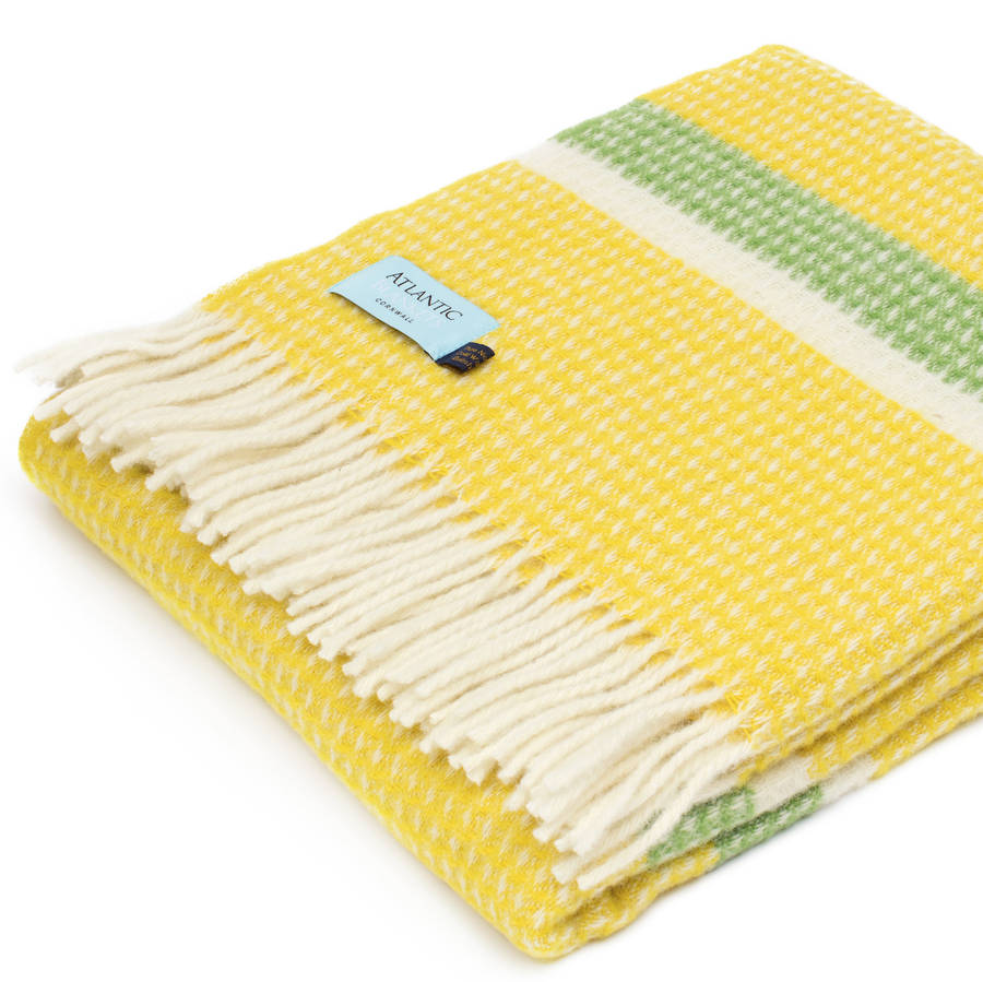 Lemon Waffle Wool Throw With Green Stripe By Atlantic Blankets