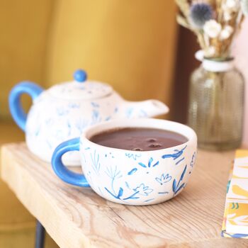 Blue Debossed Floral Teapot And Cup Set, 5 of 5