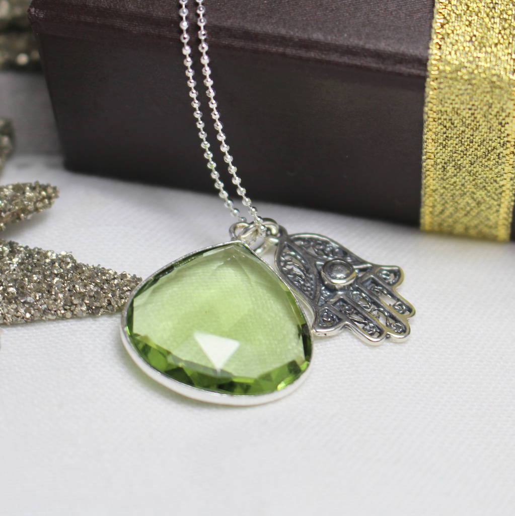 Personalised Hamsa Hand And Green Amethyst Necklace By Elizabeth ...