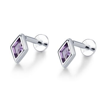 Sterling Silver Amethyst Purple Cz Rhombus 16 G Flat Back Labret Earrings, 7 of 11