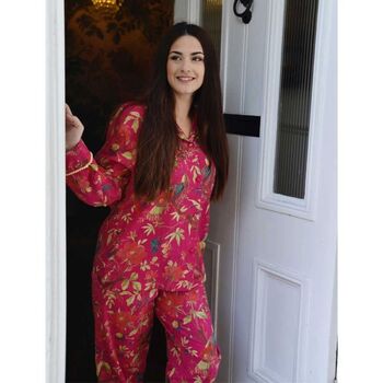 Ladies Hot Pink Birds Of Paradise Print Cotton Pyjamas, 2 of 6