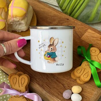 Retro Easter Bunny Check Background Enamel Mug, 9 of 9
