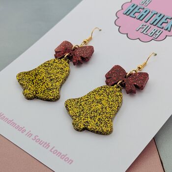 Christmas Glitter Bell And Bow Earrings, 4 of 5