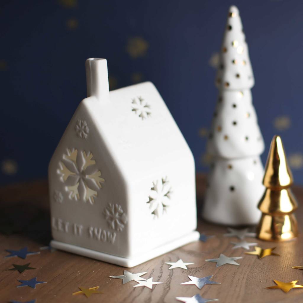 Christmas Porcelain Tea Light House With Snowflake By Nest