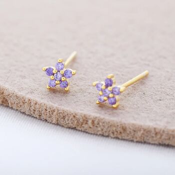 Sterling Silver Lilac Purple Flower Cz Stud Earrings, 5 of 12