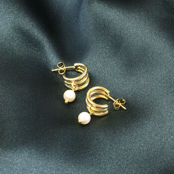 Gold Plated Triple Hoop Pearl Earrings, 3 of 5